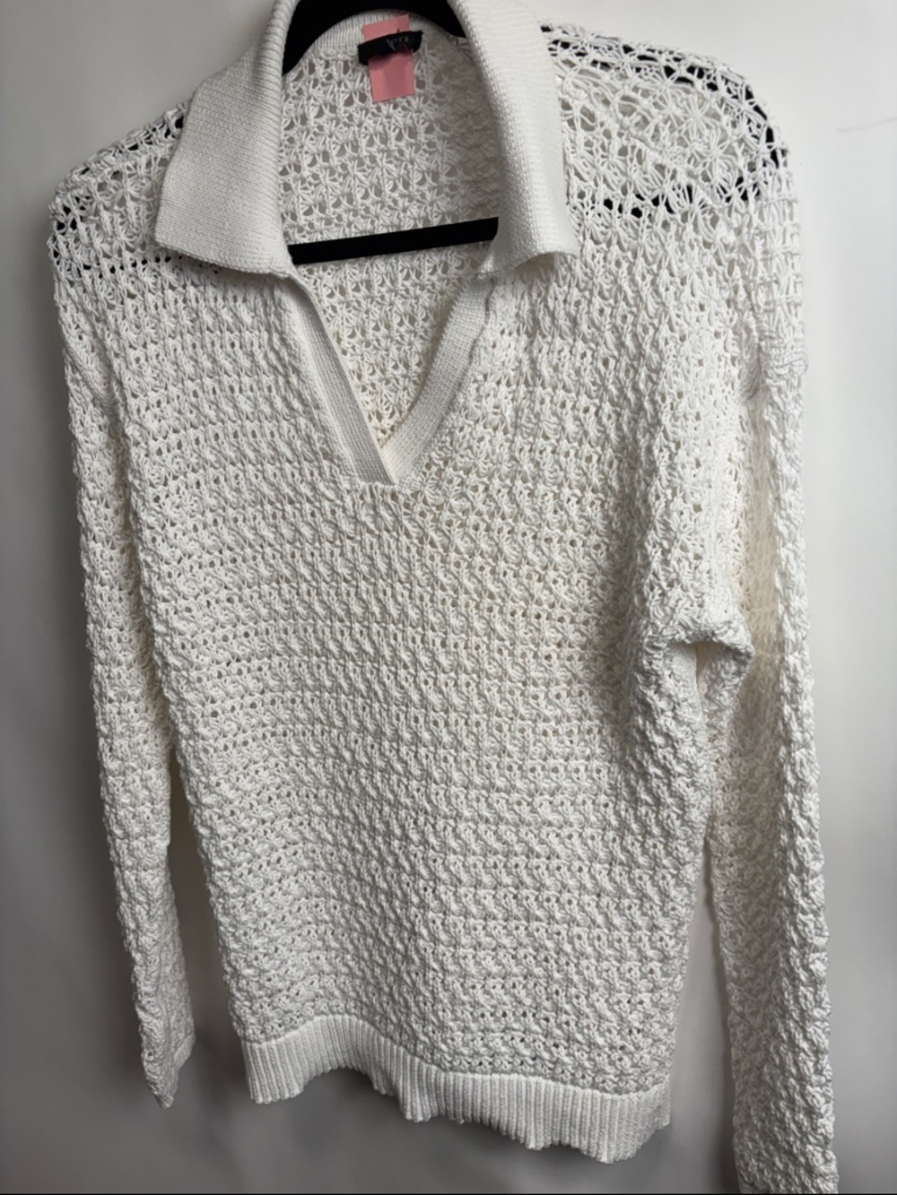 Talbots White Open-Knit V-Neck Polo Sweater